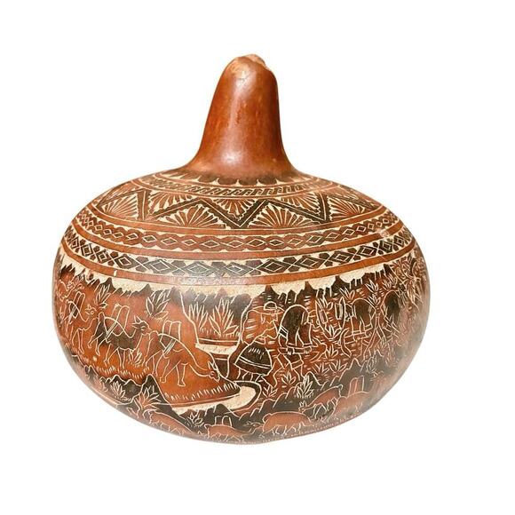 6” Hand-Carved Peruvian Gourd | Vintage Folk Art Accent - Picture 2 of 5